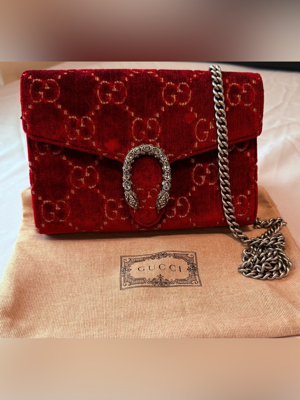 Gucci Red Velvet Dionysus Crossbody with Silver Chain